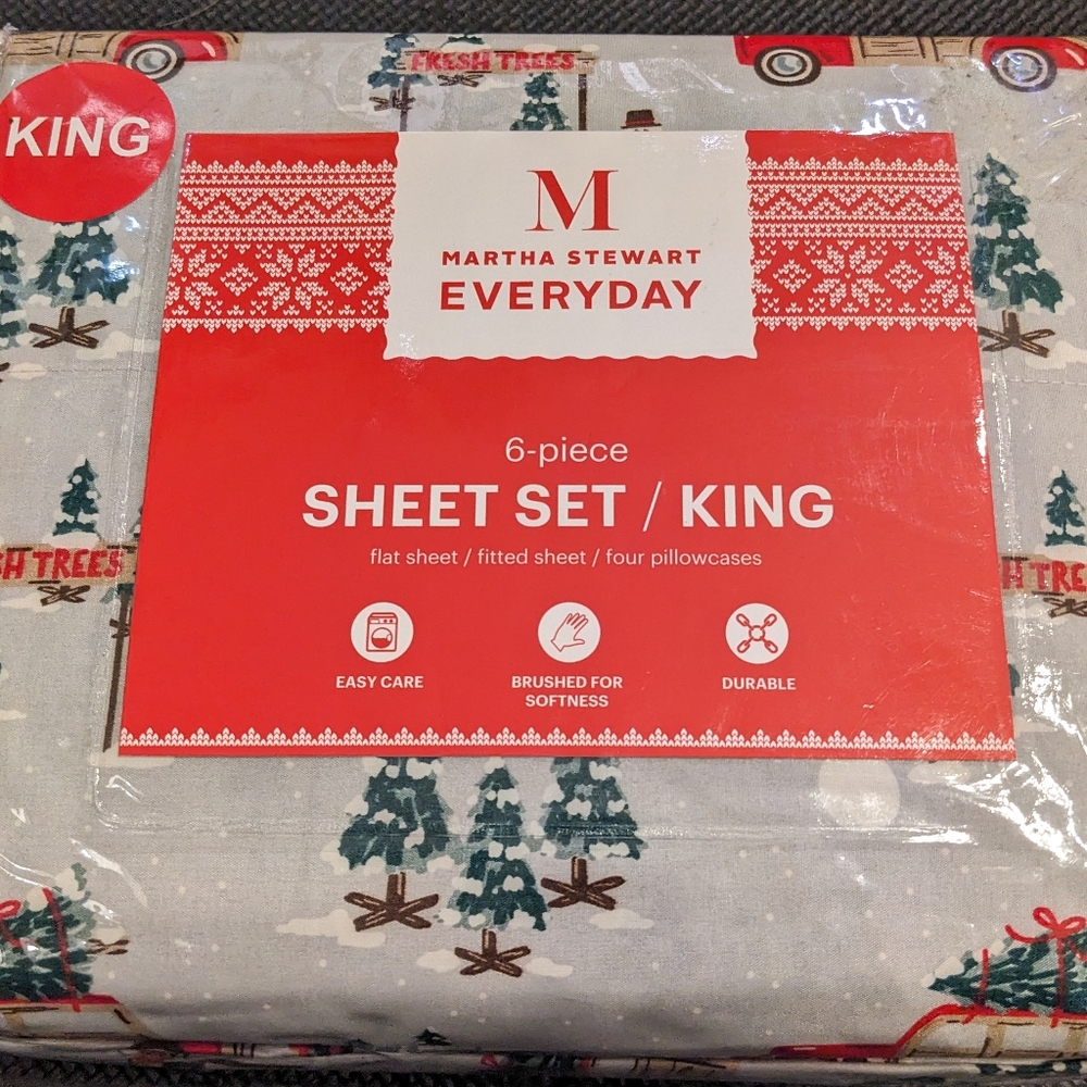 Martha Stewart King Christmas Trees Sheet Set Winter Joy Snow Fresh Trees